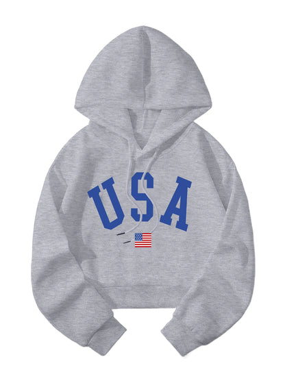 Hilinker Womens Graphic Long Sleeve Cropped Hoodies Drawstring Hooded Sweatshirt Grey USA Medium