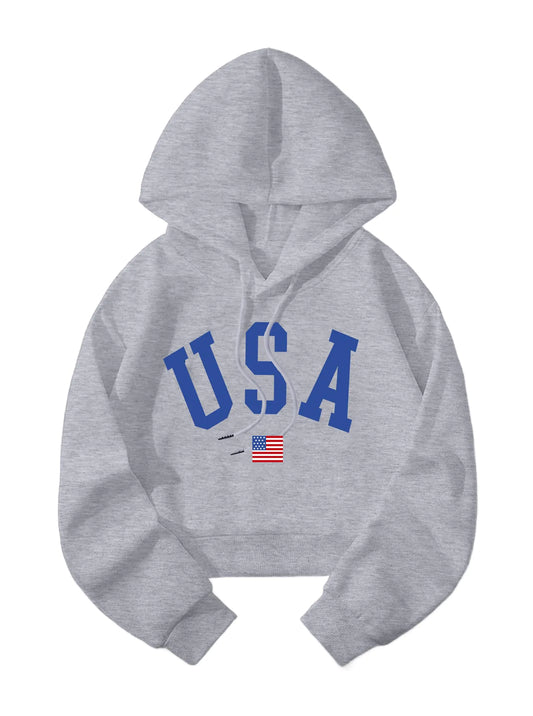 Hilinker Womens Graphic Long Sleeve Cropped Hoodies Drawstring Hooded Sweatshirt Grey USA Medium