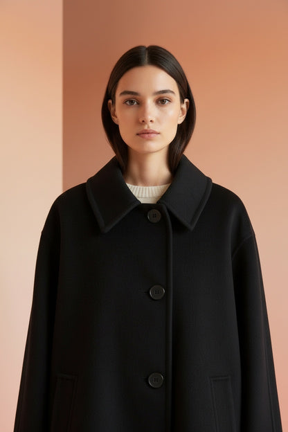 Close-up of the model wearing Winter Wool Coat