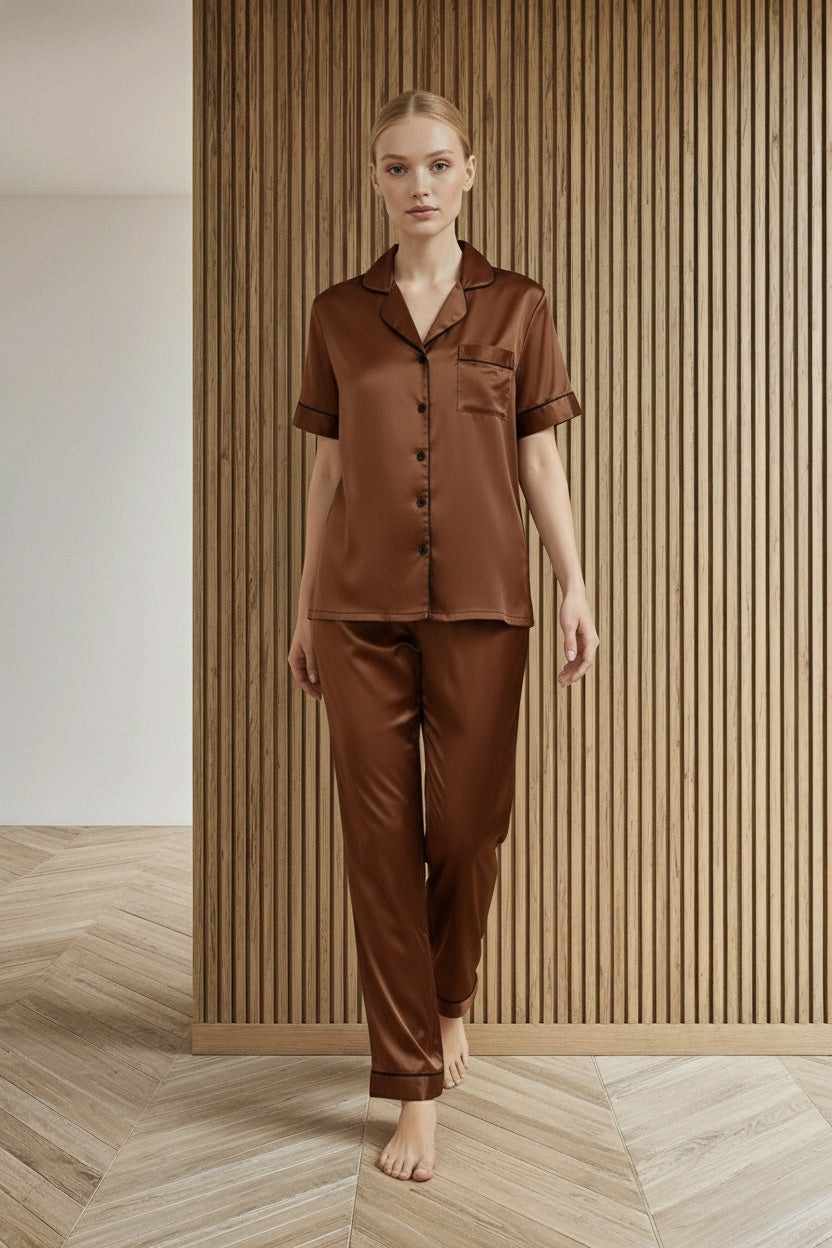 Model walking while wearing KCW Pijama de Seda Para Mujer Satin 2 Piece Pajamas Set Button Down Silky Pjs Short Sleeve Sleepwear