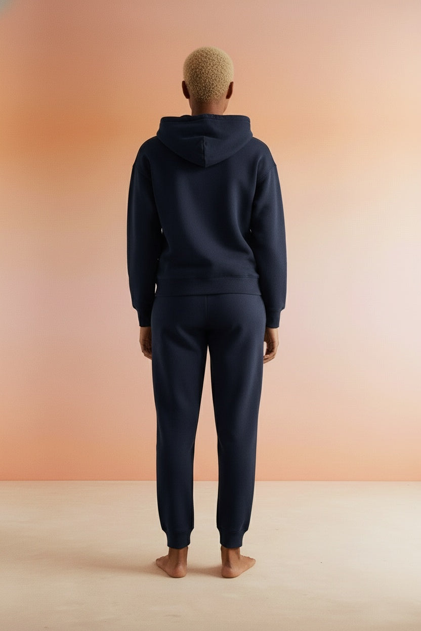 Back pose of the model wearing babyhealthy Unisex Hoodies Tracksuit Sweatsuits Sweatshirt and Sweatpant for Women men 2 piece sets Pullover Sweater