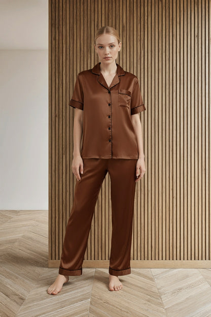 Full body view of the model wearing KCW Pijama de Seda Para Mujer Satin 2 Piece Pajamas Set Button Down Silky Pjs Short Sleeve Sleepwear