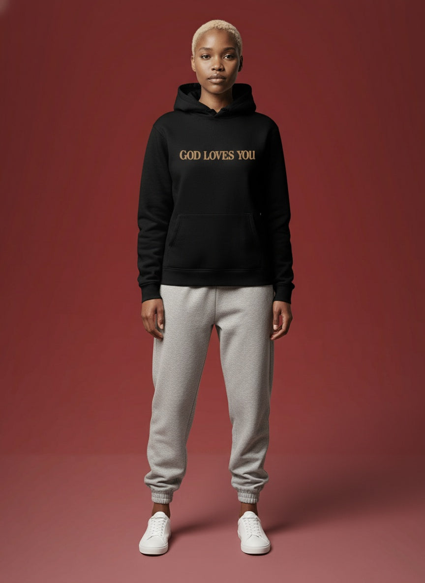 Full body view of the model wearing Love Like Jesus Graphic Christian Hoodies for Women Girls Oversized Long Sleeve Sweatshirts Drawstring Pockets Pullover Tops Graphic HoodiesA63 BlackL