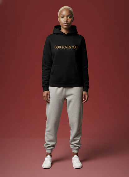 Full body view of the model wearing Love Like Jesus Graphic Christian Hoodies for Women Girls Oversized Long Sleeve Sweatshirts Drawstring Pockets Pullover Tops Graphic HoodiesA63 BlackL