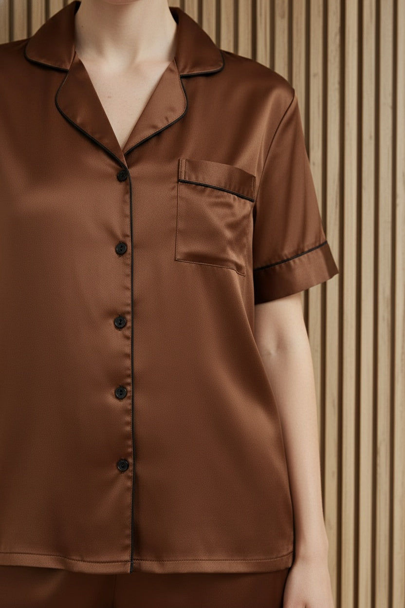Detail shot of KCW Pijama de Seda Para Mujer Satin 2 Piece Pajamas Set Button Down Silky Pjs Short Sleeve Sleepwear